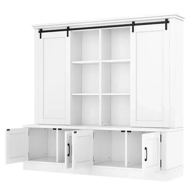 66H Hall Tree with Shoe Storage, Farmhouse Entryway Cabinet with Sliding Barn Doors & Shelves - ModernLuxe