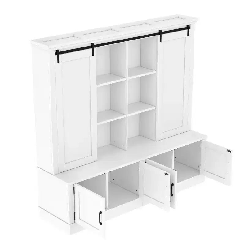 66H Hall Tree with Shoe Storage, Farmhouse Entryway Cabinet with Sliding Barn Doors & Shelves - ModernLuxe