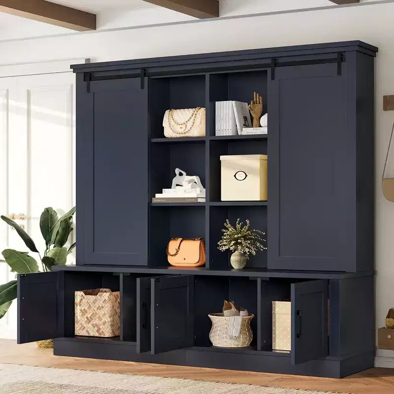 66H Hall Tree with Shoe Storage, Farmhouse Entryway Cabinet with Sliding Barn Doors & Shelves - ModernLuxe
