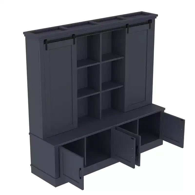 66H Hall Tree with Shoe Storage, Farmhouse Entryway Cabinet with Sliding Barn Doors & Shelves - ModernLuxe