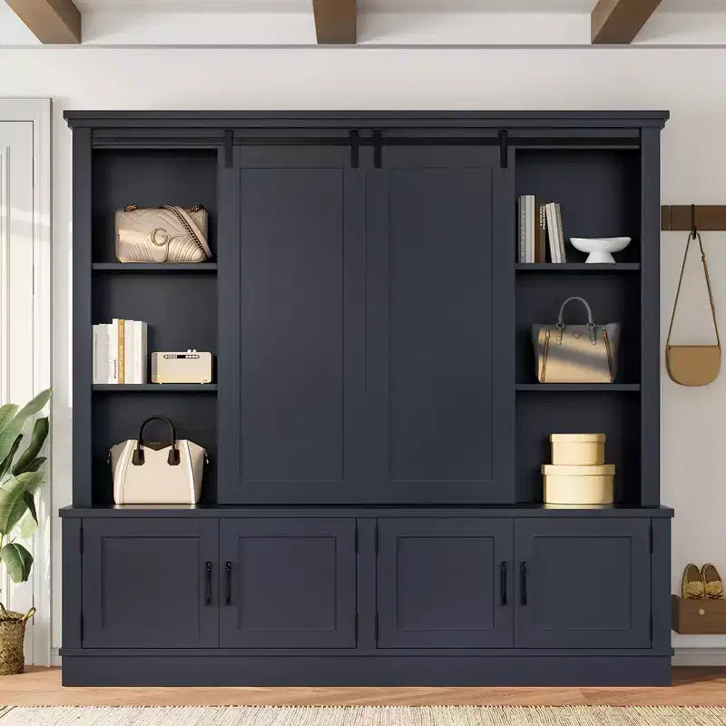 66H Hall Tree with Shoe Storage, Farmhouse Entryway Cabinet with Sliding Barn Doors & Shelves - ModernLuxe