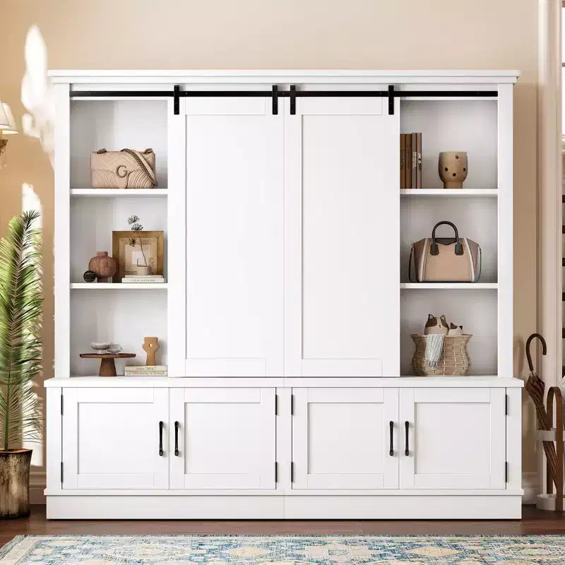 66H Hall Tree with Shoe Storage, Farmhouse Entryway Cabinet with Sliding Barn Doors & Shelves - ModernLuxe