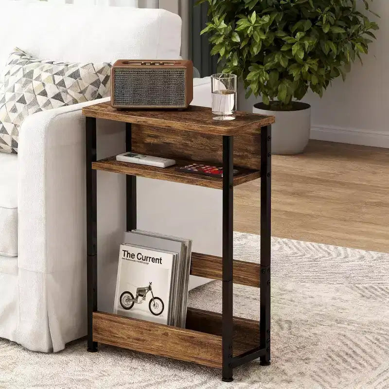 3-Tier Side Table with Storage Shelves, End Table for Small Spaces, Modern Wood and Metal Bedside Table for Living Room, Bedroom
