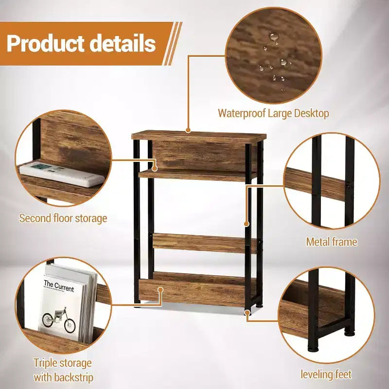 3-Tier Side Table with Storage Shelves, End Table for Small Spaces, Modern Wood and Metal Bedside Table for Living Room, Bedroom
