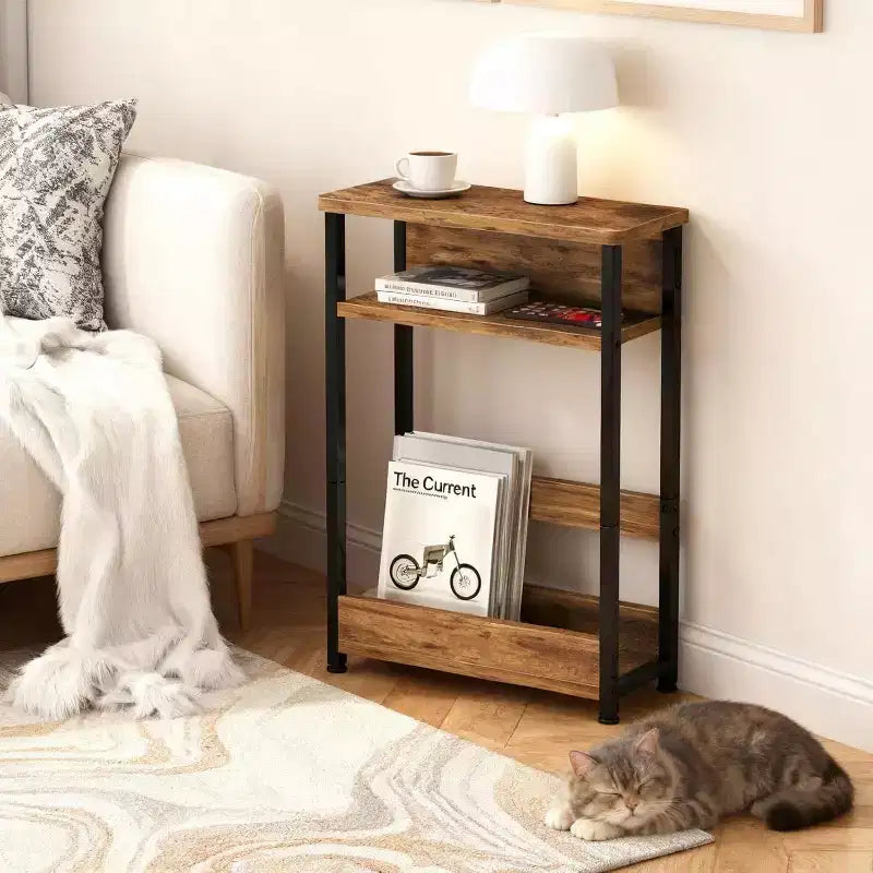 3-Tier Side Table with Storage Shelves, End Table for Small Spaces, Modern Wood and Metal Bedside Table for Living Room, Bedroom