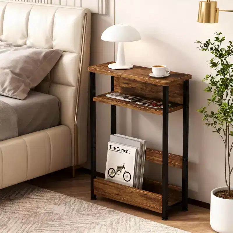 3-Tier Side Table with Storage Shelves, End Table for Small Spaces, Modern Wood and Metal Bedside Table for Living Room, Bedroom