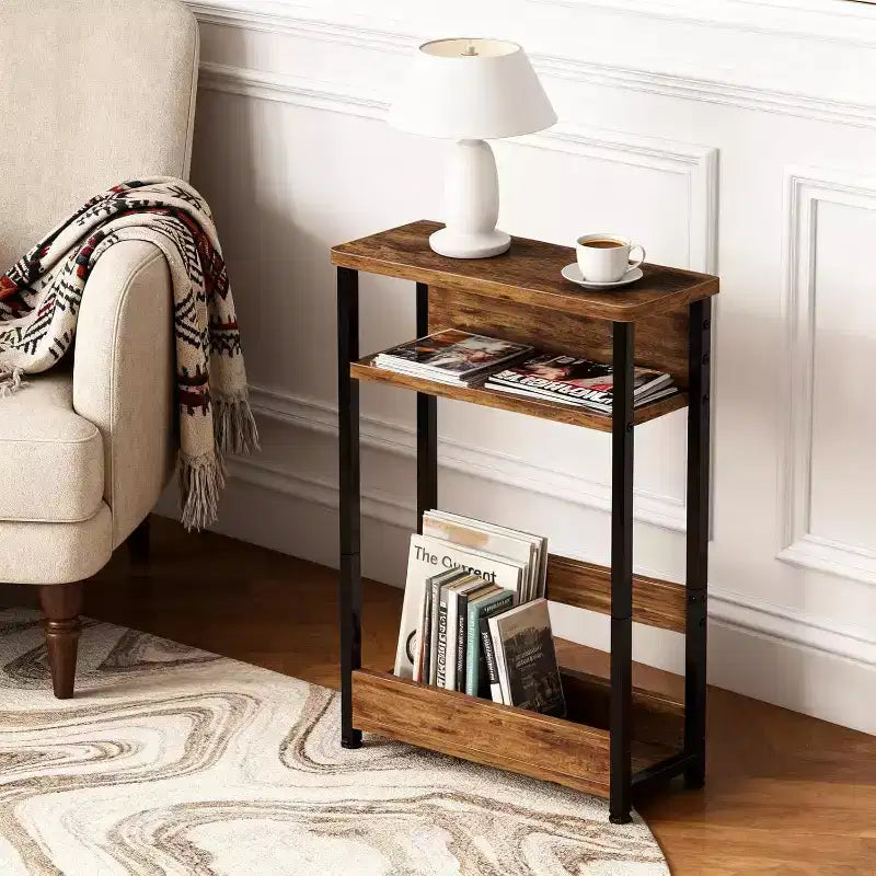 3-Tier Side Table with Storage Shelves, End Table for Small Spaces, Modern Wood and Metal Bedside Table for Living Room, Bedroom