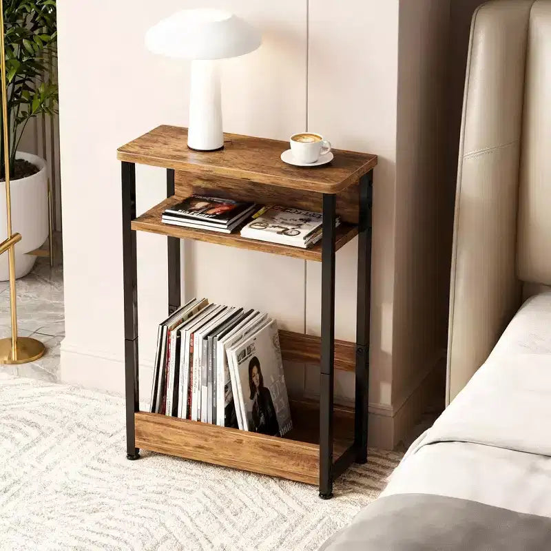 3-Tier Side Table with Storage Shelves, End Table for Small Spaces, Modern Wood and Metal Bedside Table for Living Room, Bedroom