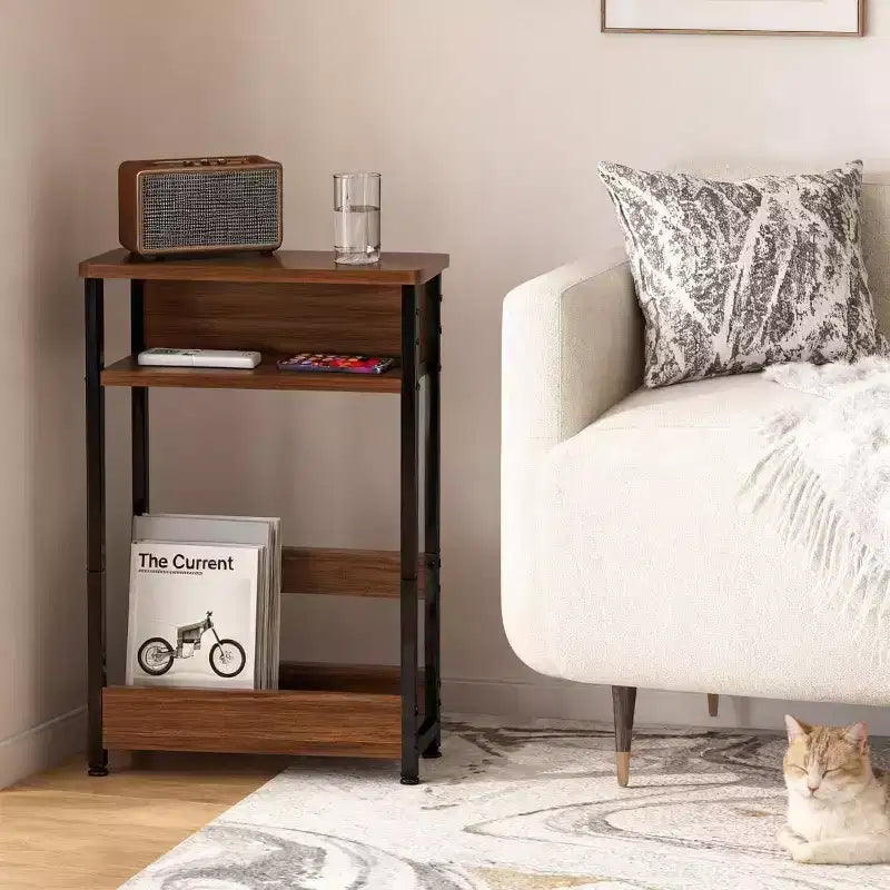 3-Tier Side Table with Storage Shelves, End Table for Small Spaces, Modern Wood and Metal Bedside Table for Living Room, Bedroom