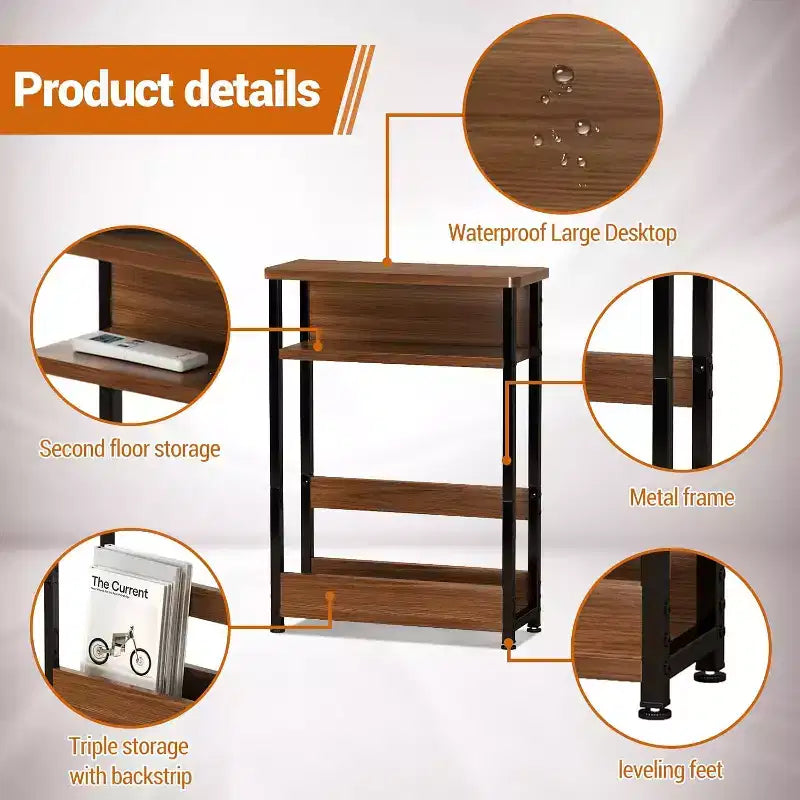 3-Tier Side Table with Storage Shelves, End Table for Small Spaces, Modern Wood and Metal Bedside Table for Living Room, Bedroom