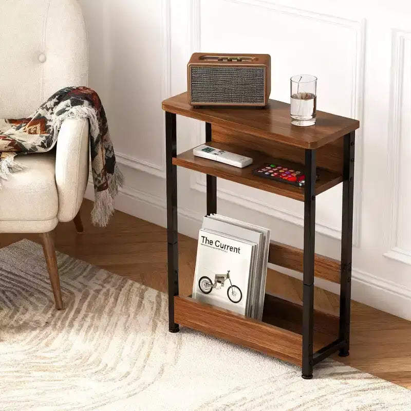 3-Tier Side Table with Storage Shelves, End Table for Small Spaces, Modern Wood and Metal Bedside Table for Living Room, Bedroom