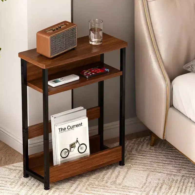 3-Tier Side Table with Storage Shelves, End Table for Small Spaces, Modern Wood and Metal Bedside Table for Living Room, Bedroom