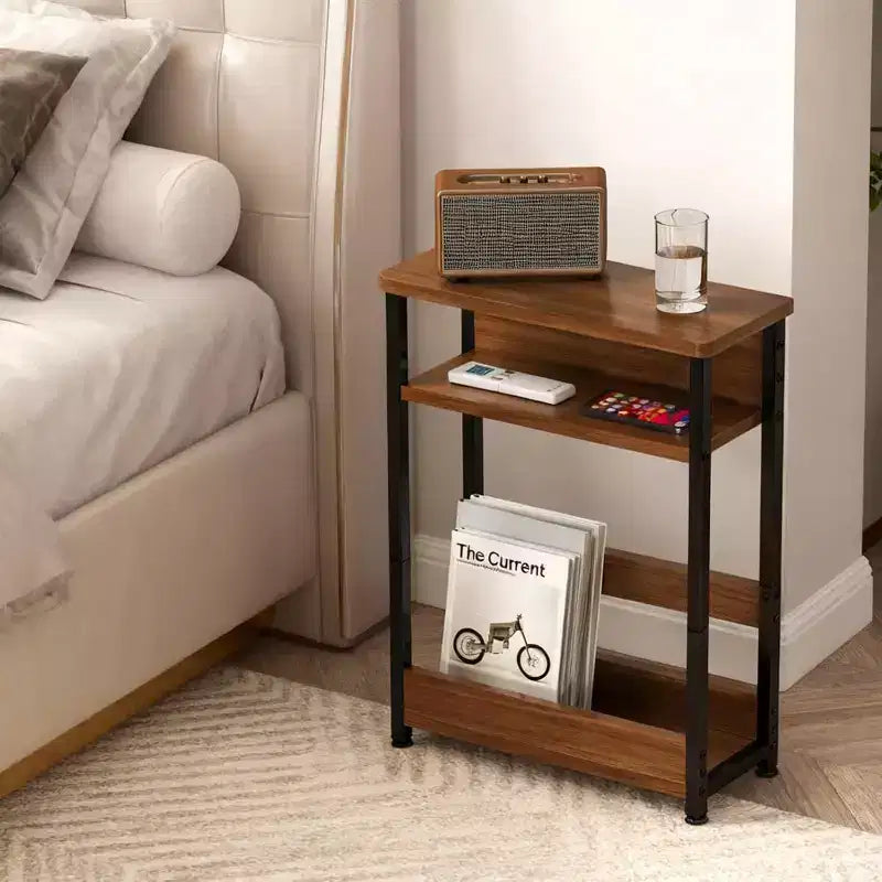 3-Tier Side Table with Storage Shelves, End Table for Small Spaces, Modern Wood and Metal Bedside Table for Living Room, Bedroom