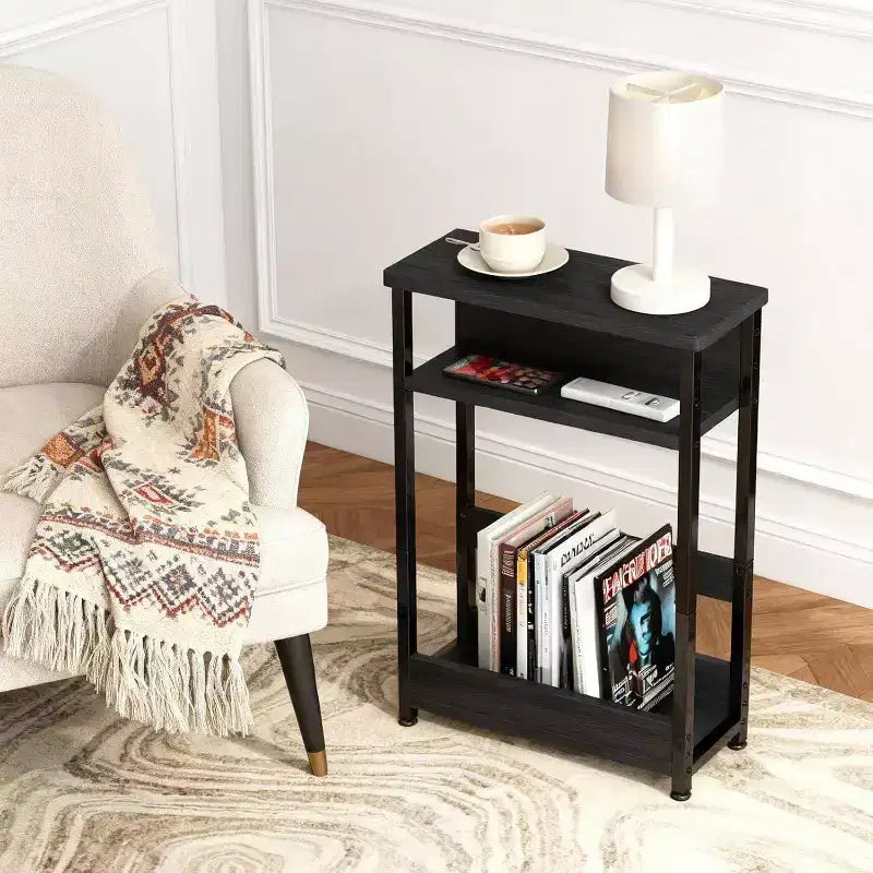 3-Tier Side Table with Storage Shelves, End Table for Small Spaces, Modern Wood and Metal Bedside Table for Living Room, Bedroom