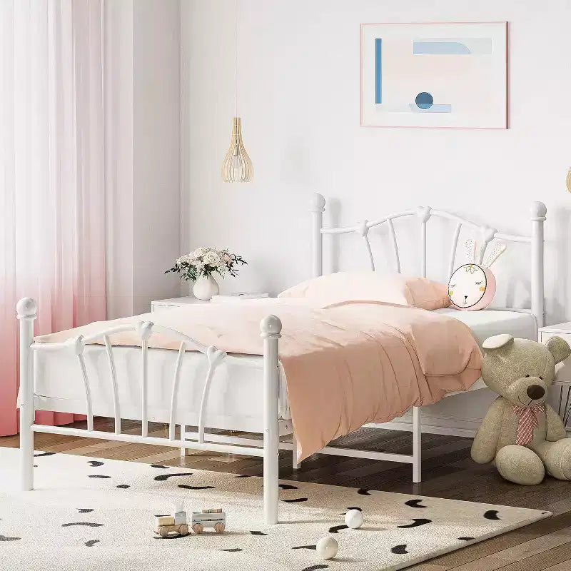 Twin Bed Frames with Headboard, Metal Twin Size Platform Bed, White Twin Bed Frame for Girls, Heavy Duty Metal Slat Support