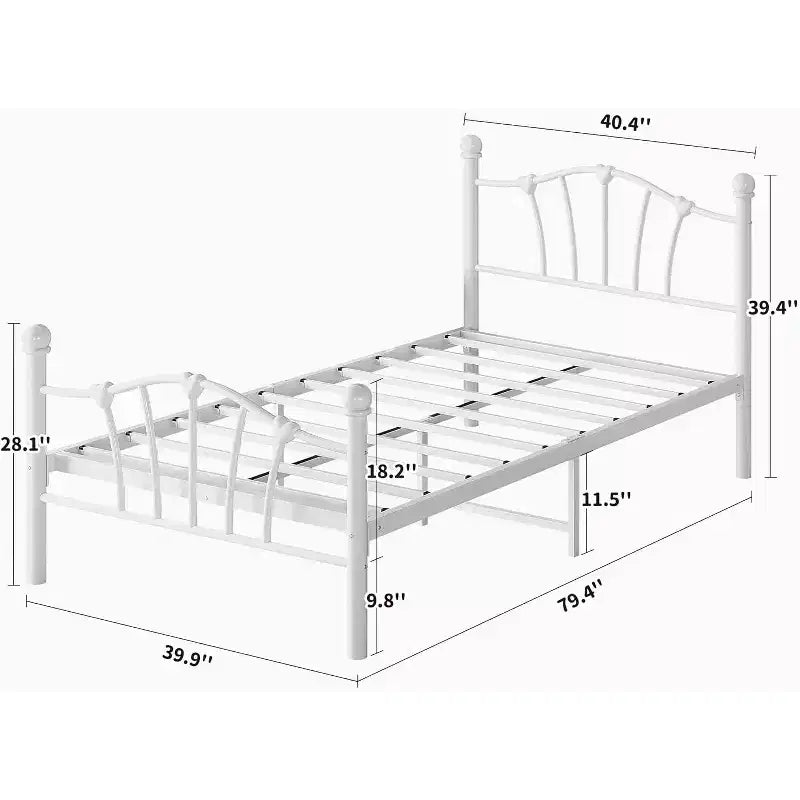 Twin Bed Frames with Headboard, Metal Twin Size Platform Bed, White Twin Bed Frame for Girls, Heavy Duty Metal Slat Support