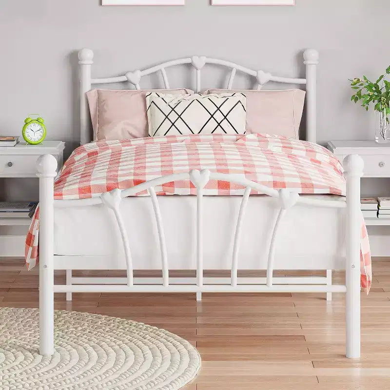 Twin Bed Frames with Headboard, Metal Twin Size Platform Bed, White Twin Bed Frame for Girls, Heavy Duty Metal Slat Support