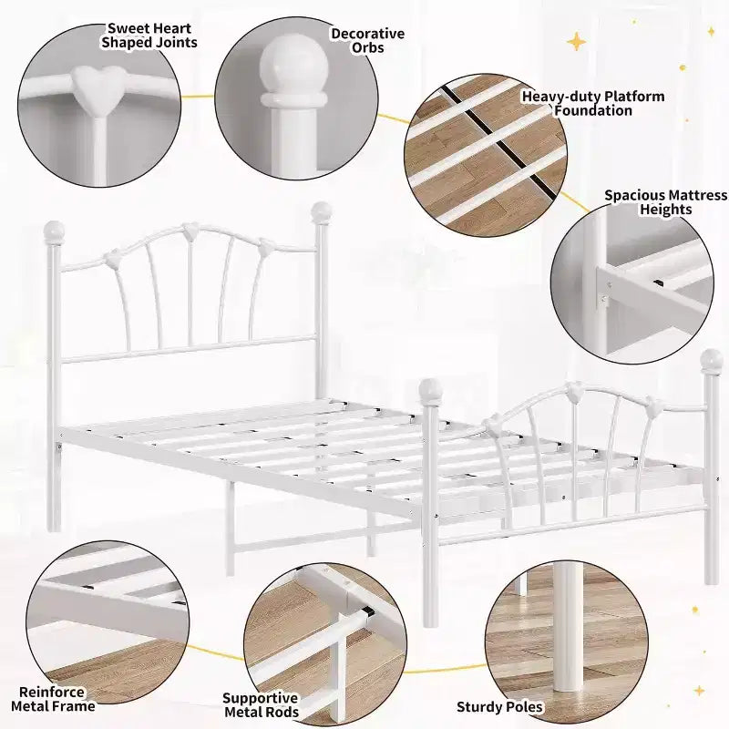 Twin Bed Frames with Headboard, Metal Twin Size Platform Bed, White Twin Bed Frame for Girls, Heavy Duty Metal Slat Support