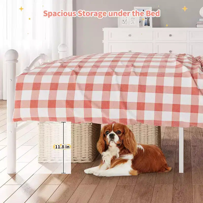 Twin Bed Frames with Headboard, Metal Twin Size Platform Bed, White Twin Bed Frame for Girls, Heavy Duty Metal Slat Support