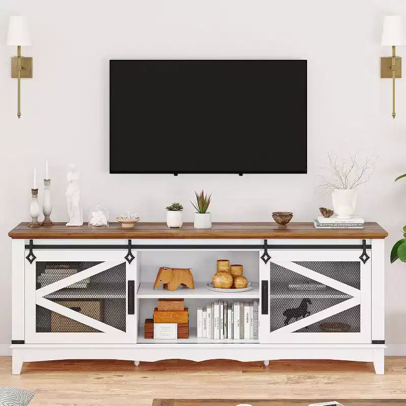 75-Inch Rustic TV Stand for Living Room with Barn Doors, Farm Entertainment Center for 75-Inch TV, Sturdy Multimedia Console with Open Shelves