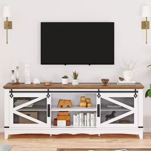 75-Inch Rustic TV Stand for Living Room with Barn Doors, Farm Entertainment Center for 75-Inch TV, Sturdy Multimedia Console with Open Shelves