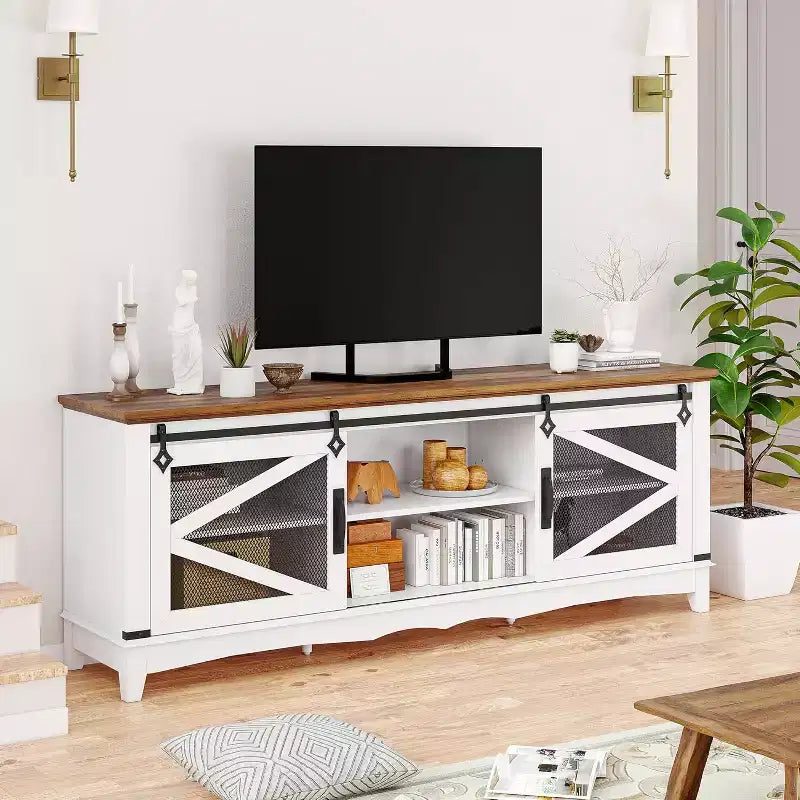 75-Inch Rustic TV Stand for Living Room with Barn Doors, Farm Entertainment Center for 75-Inch TV, Sturdy Multimedia Console with Open Shelves