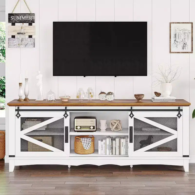 75-Inch Rustic TV Stand for Living Room with Barn Doors, Farm Entertainment Center for 75-Inch TV, Sturdy Multimedia Console with Open Shelves