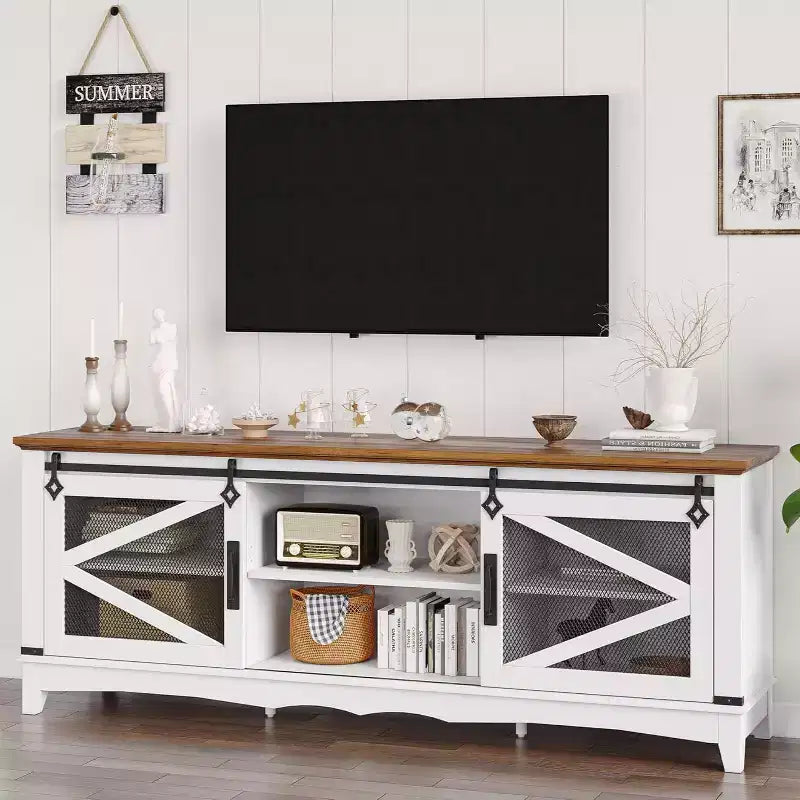75-Inch Rustic TV Stand for Living Room with Barn Doors, Farm Entertainment Center for 75-Inch TV, Sturdy Multimedia Console with Open Shelves