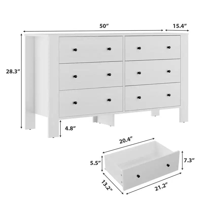 Acekool White 6 Drawer Dresser for Bedroom, Modern Wide Storage Chest with Black Handles, Organizer Cabinet for Entryway, Hallway, Office