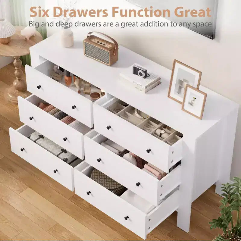 Acekool White 6 Drawer Dresser for Bedroom, Modern Wide Storage Chest with Black Handles, Organizer Cabinet for Entryway, Hallway, Office