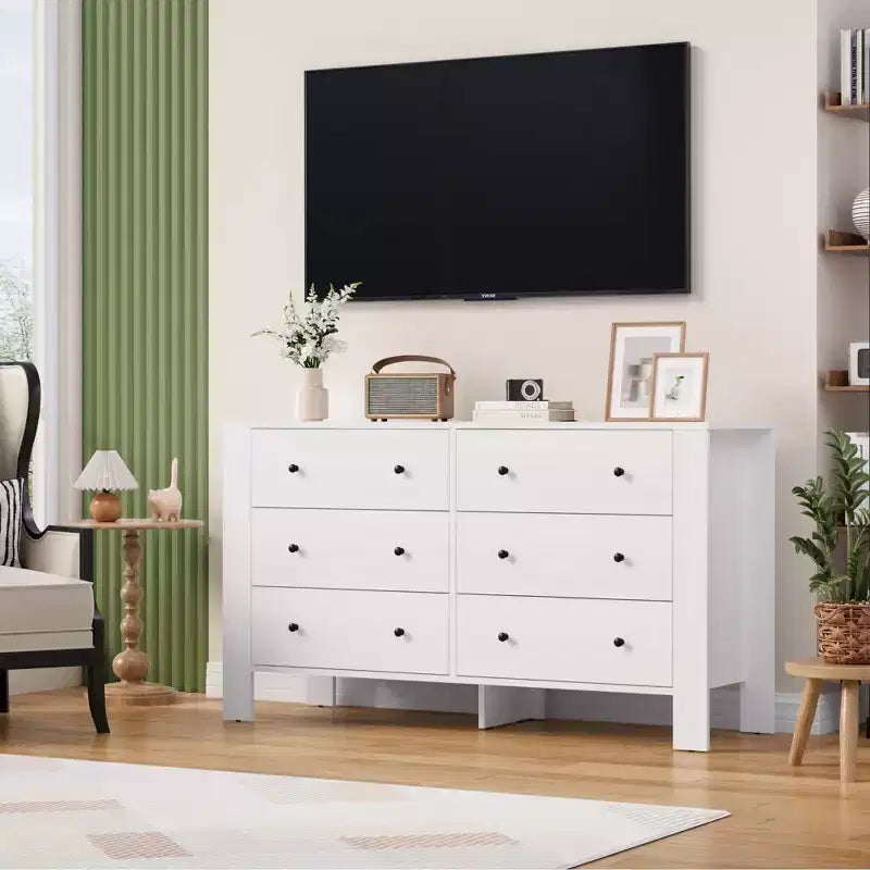 Acekool White 6 Drawer Dresser for Bedroom, Modern Wide Storage Chest with Black Handles, Organizer Cabinet for Entryway, Hallway, Office