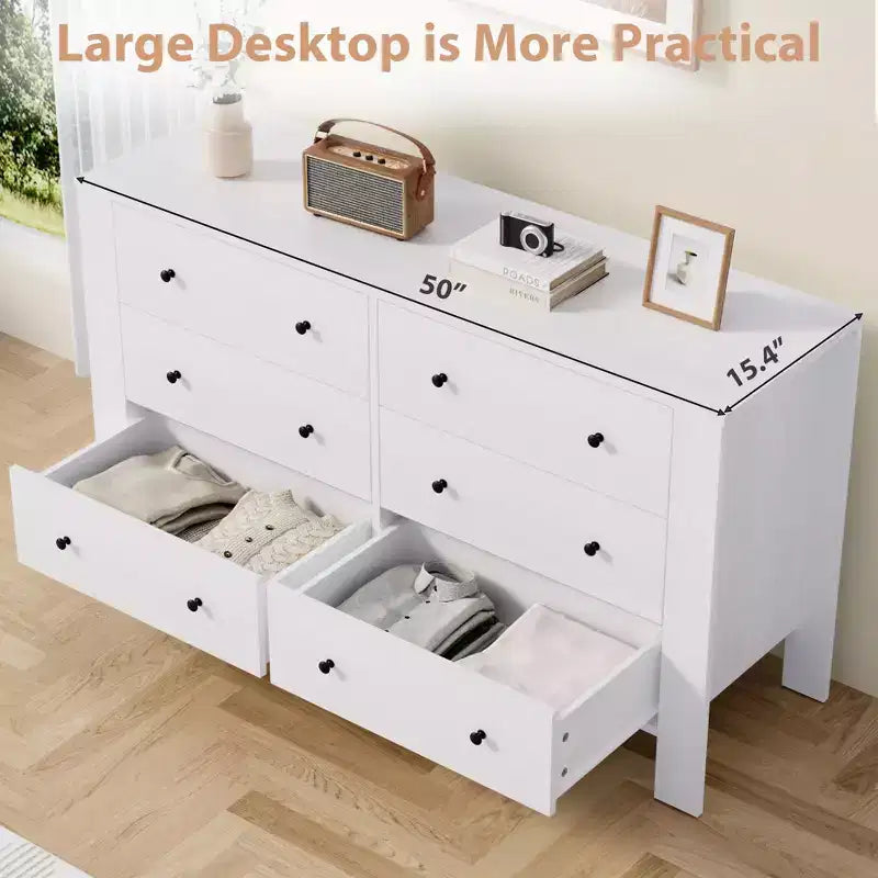 Acekool White 6 Drawer Dresser for Bedroom, Modern Wide Storage Chest with Black Handles, Organizer Cabinet for Entryway, Hallway, Office