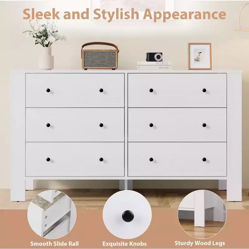 Acekool White 6 Drawer Dresser for Bedroom, Modern Wide Storage Chest with Black Handles, Organizer Cabinet for Entryway, Hallway, Office