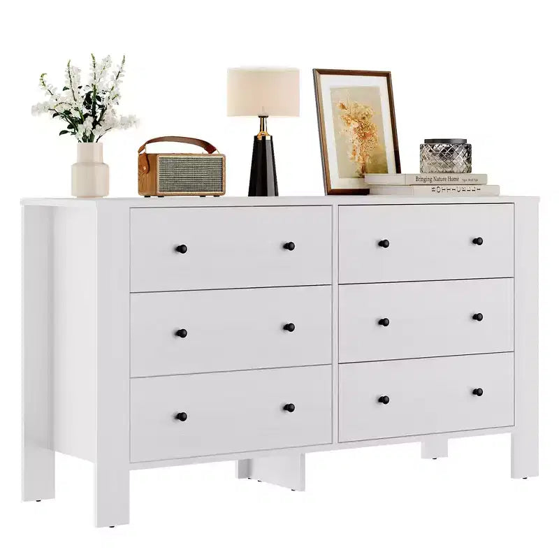 Acekool White 6 Drawer Dresser for Bedroom, Modern Wide Storage Chest with Black Handles, Organizer Cabinet for Entryway, Hallway, Office