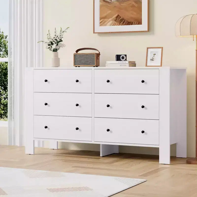 Acekool White 6 Drawer Dresser for Bedroom, Modern Wide Storage Chest with Black Handles, Organizer Cabinet for Entryway, Hallway, Office