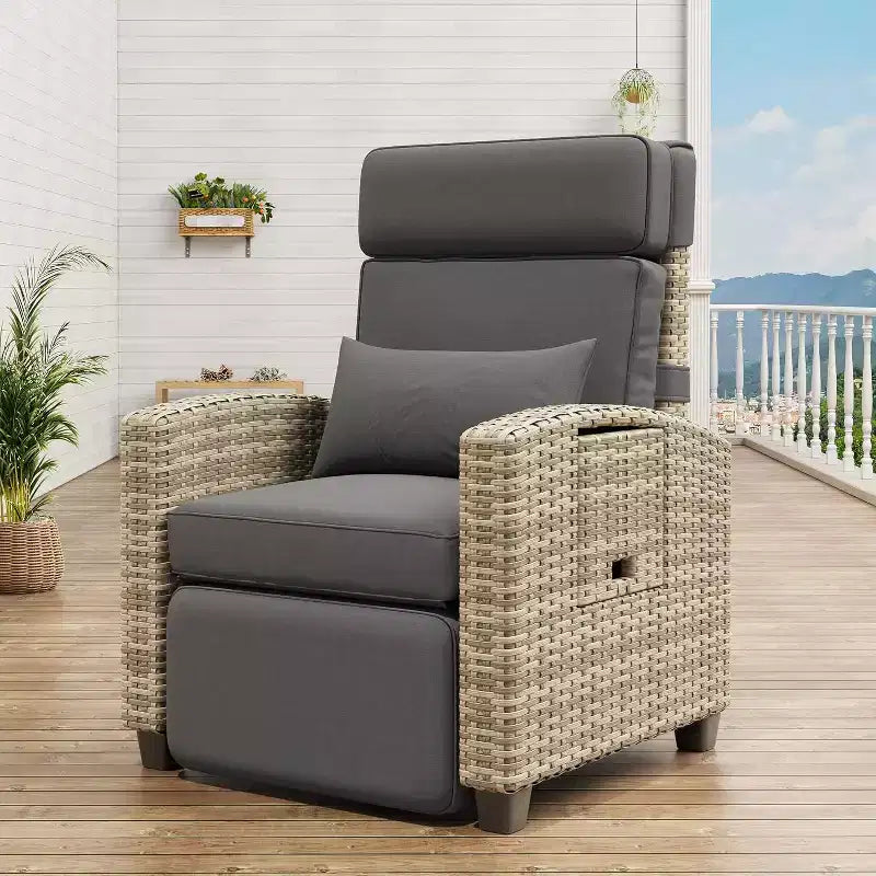 COZONY Wicker Reclining Patio Chair, Adjustable Back & Footrest, 150 Lay Flat Recliner