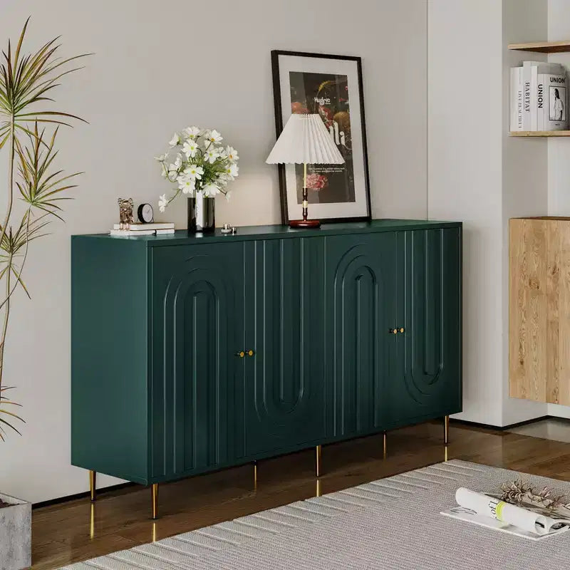 TUYOHW Lacquered 4 Door Wooden Cabinet Sideboard,Console Table with Gold Knobs,Adjustable Shelves,Buffet Server Storage for Entryway,Dining Room