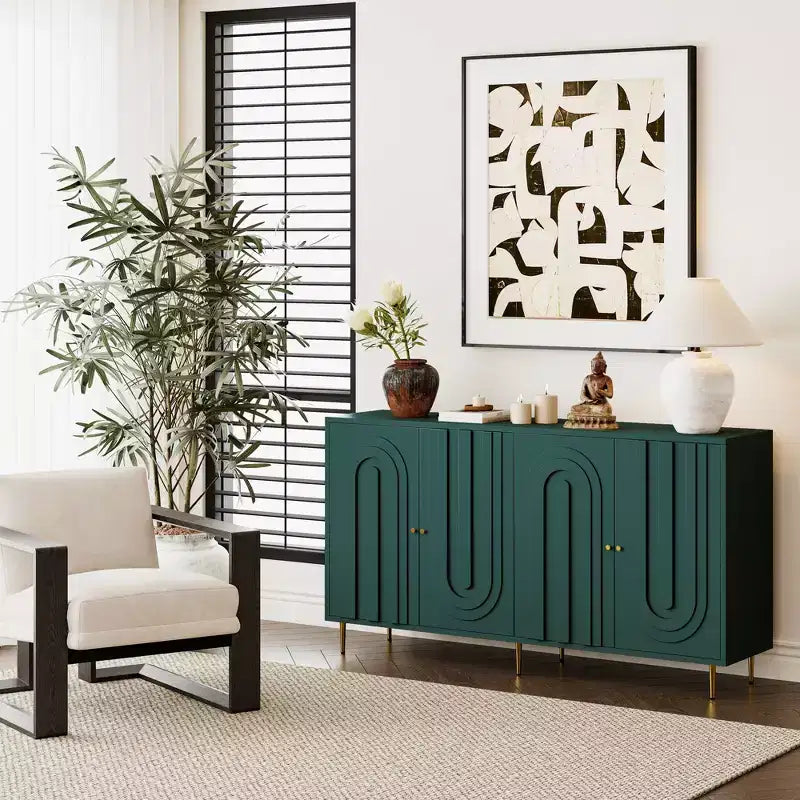TUYOHW Lacquered 4 Door Wooden Cabinet Sideboard,Console Table with Gold Knobs,Adjustable Shelves,Buffet Server Storage for Entryway,Dining Room