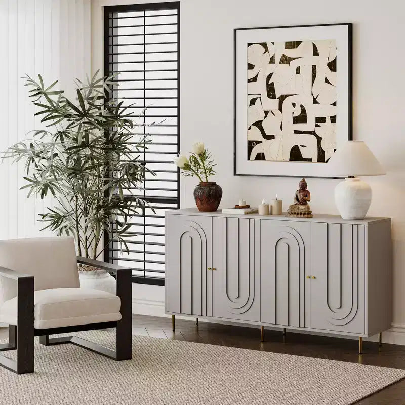 TUYOHW Lacquered 4 Door Wooden Cabinet Sideboard,Console Table with Gold Knobs,Adjustable Shelves,Buffet Server Storage for Entryway,Dining Room
