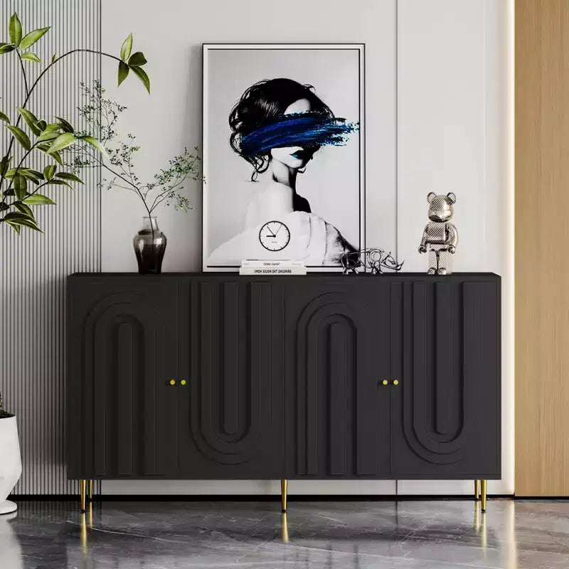 TUYOHW Lacquered 4 Door Wooden Cabinet Sideboard,Console Table with Gold Knobs,Adjustable Shelves,Buffet Server Storage for Entryway,Dining Room
