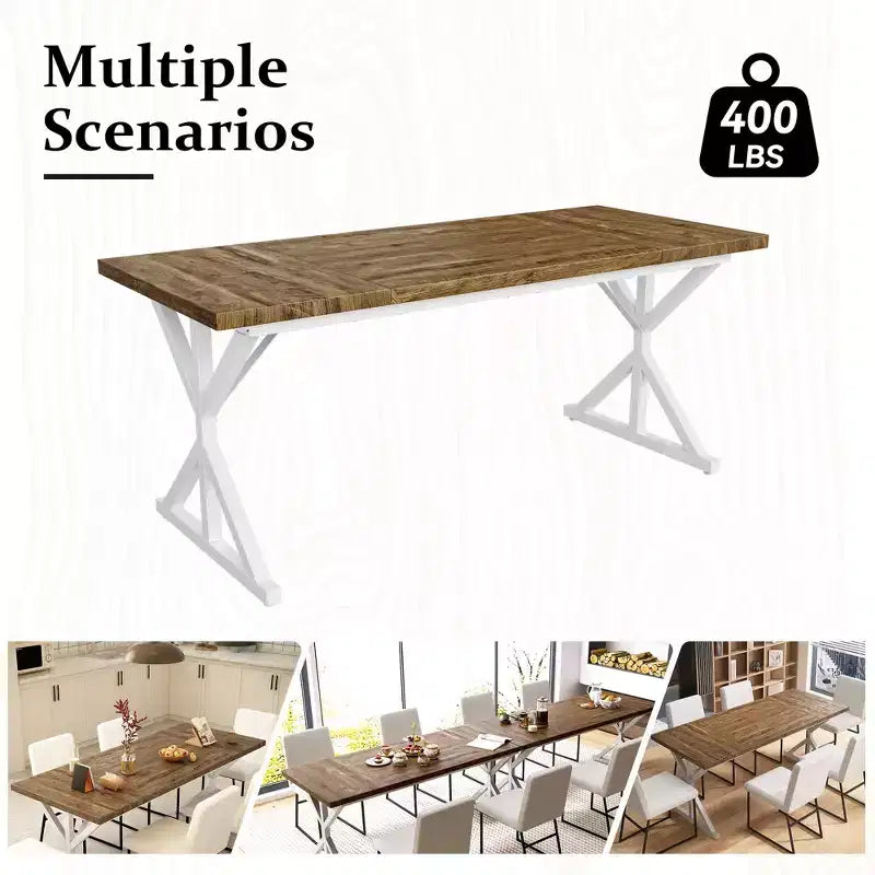Dyonery 70.8 Farmhouse Dining Table for 6-8 Metal Base & Solid Wood Top, Water-Resistant, Easy Assembly