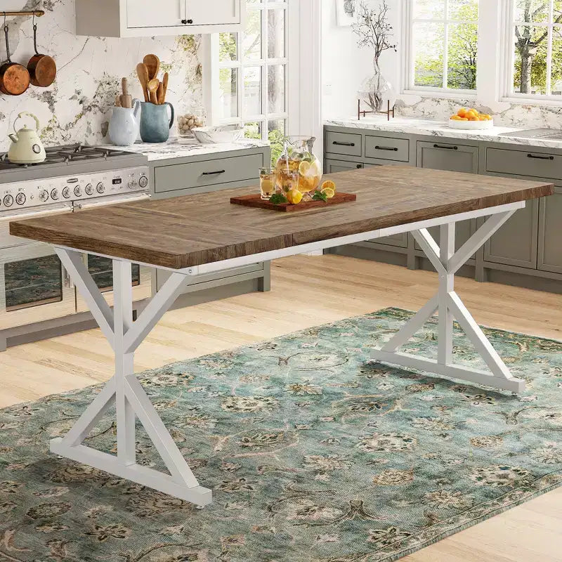 Dyonery 70.8 Farmhouse Dining Table for 6-8 Metal Base & Solid Wood Top, Water-Resistant, Easy Assembly