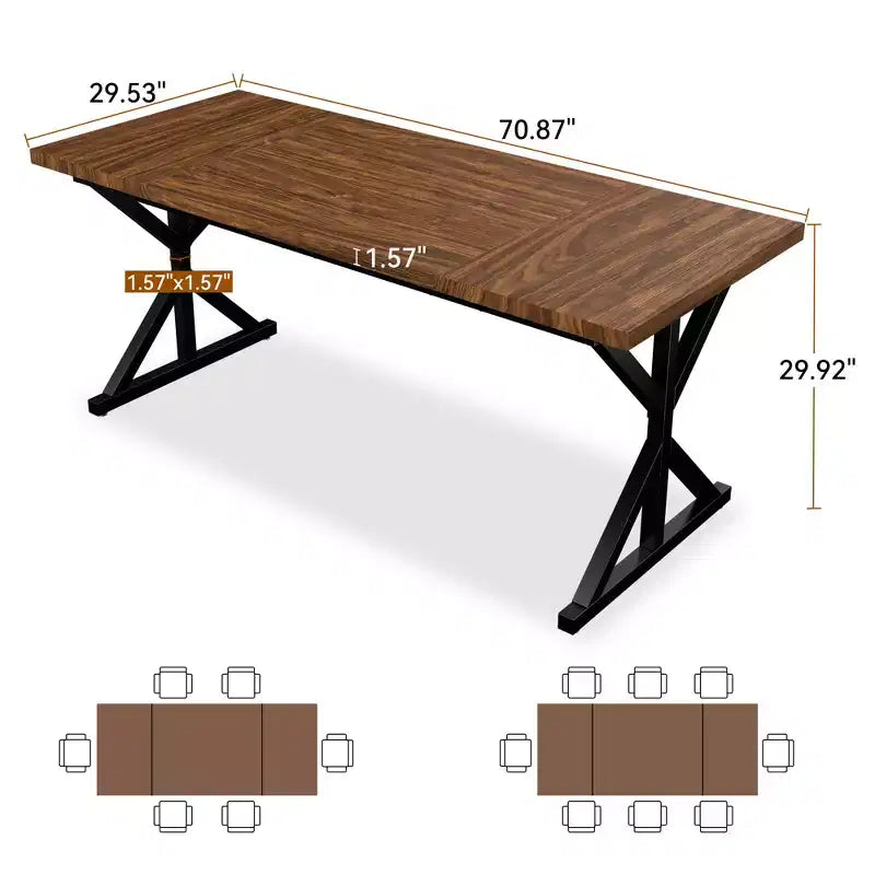 Dyonery 70.8 Farmhouse Dining Table for 6-8 Metal Base & Solid Wood Top, Water-Resistant, Easy Assembly
