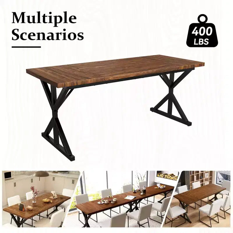 Dyonery 70.8 Farmhouse Dining Table for 6-8 Metal Base & Solid Wood Top, Water-Resistant, Easy Assembly