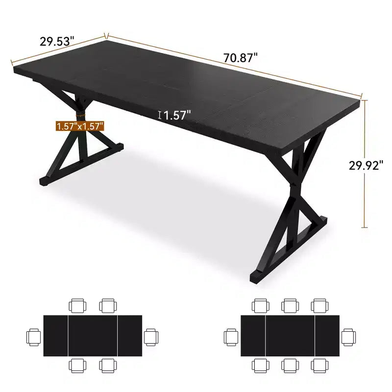 Dyonery 70.8 Farmhouse Dining Table for 6-8 Metal Base & Solid Wood Top, Water-Resistant, Easy Assembly