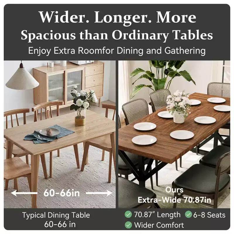 Dyonery 70.8 Farmhouse Dining Table for 6-8 Metal Base & Solid Wood Top, Water-Resistant, Easy Assembly