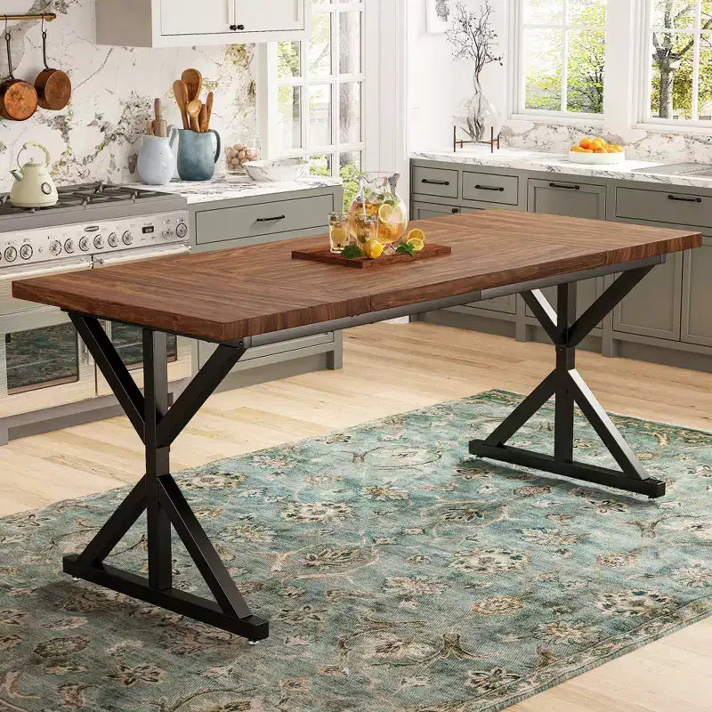Dyonery 70.8 Farmhouse Dining Table for 6-8 Metal Base & Solid Wood Top, Water-Resistant, Easy Assembly