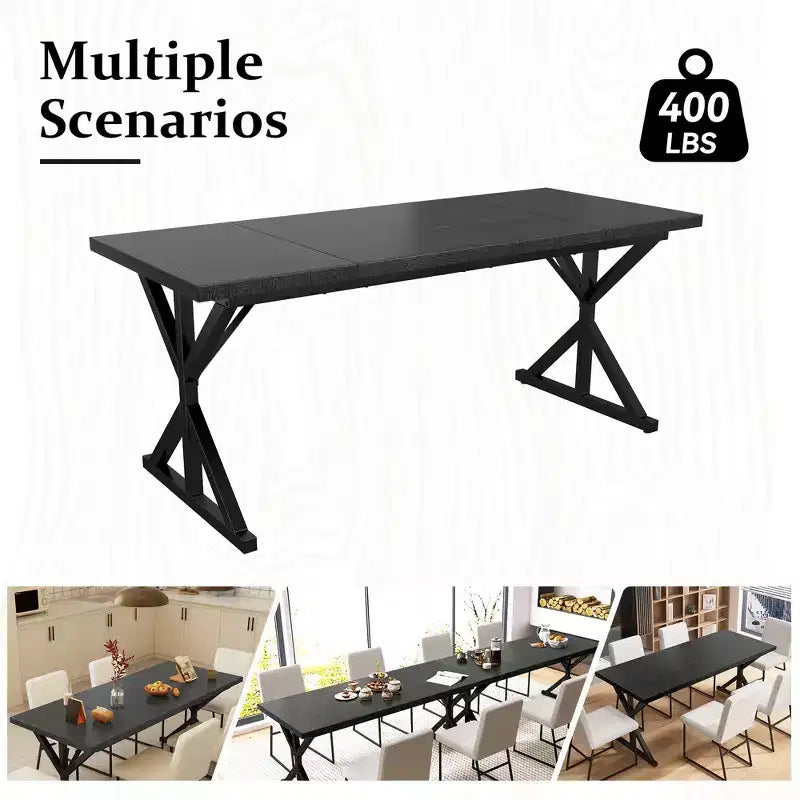 Dyonery 70.8 Farmhouse Dining Table for 6-8 Metal Base & Solid Wood Top, Water-Resistant, Easy Assembly