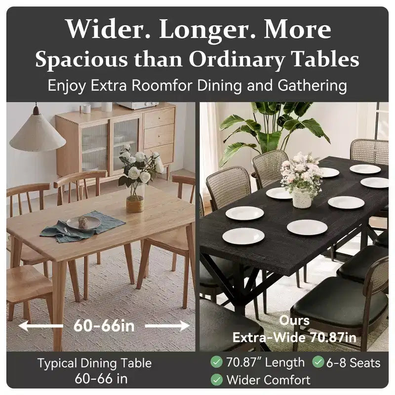 Dyonery 70.8 Farmhouse Dining Table for 6-8 Metal Base & Solid Wood Top, Water-Resistant, Easy Assembly
