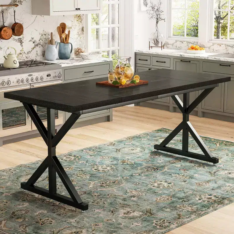 Dyonery 70.8 Farmhouse Dining Table for 6-8 Metal Base & Solid Wood Top, Water-Resistant, Easy Assembly